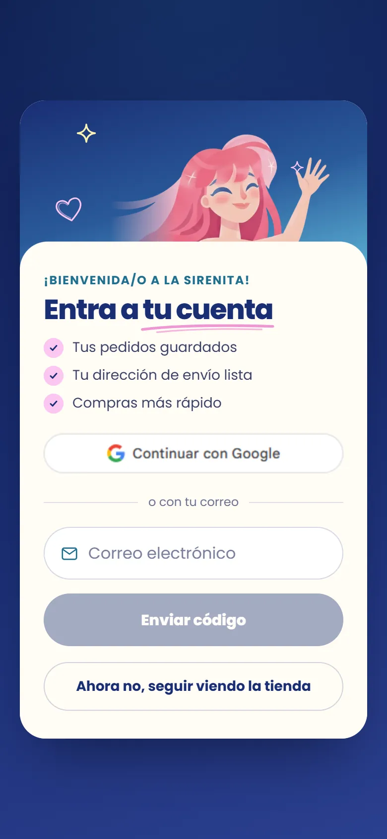 Pantalla para entrar a tu cuenta