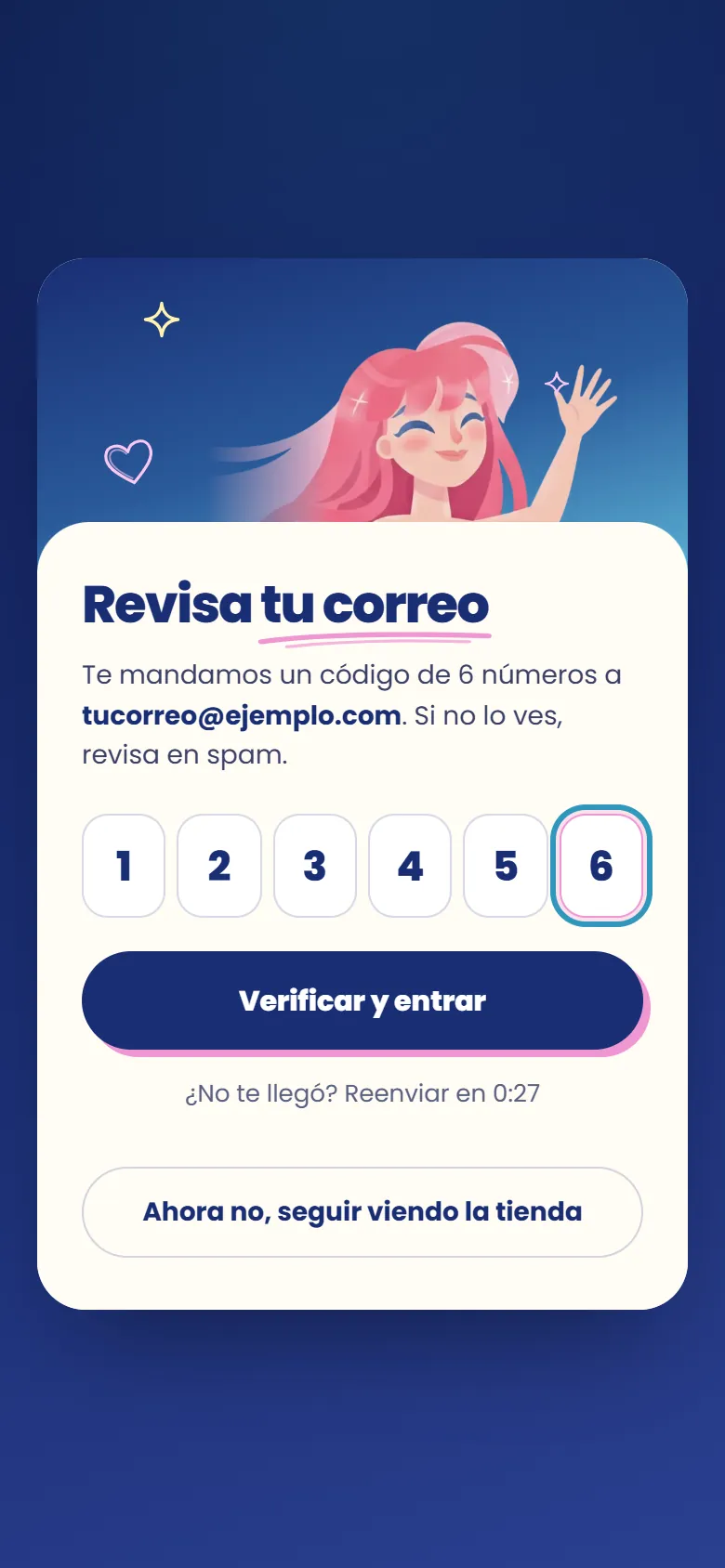 Pantalla para escribir el código de 6 números