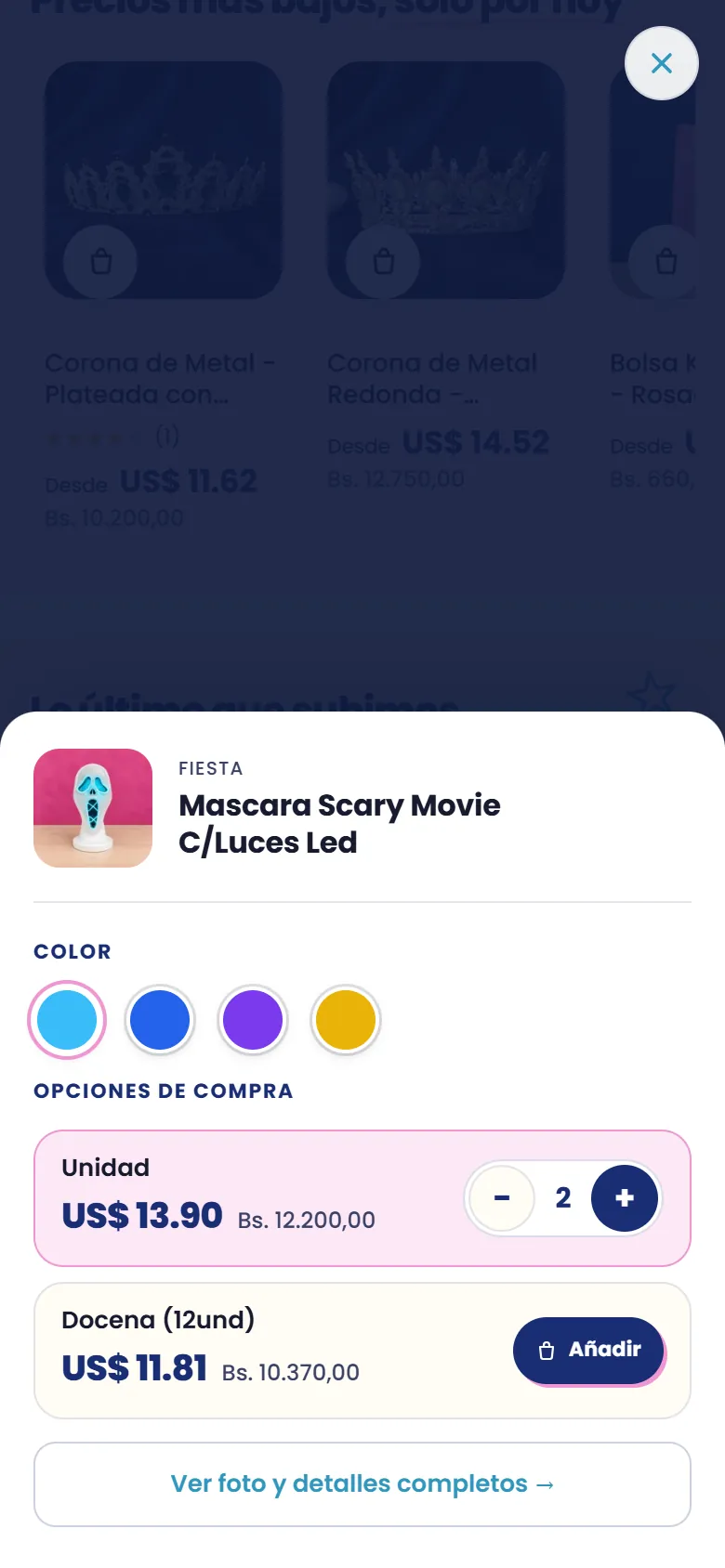 Producto con color, opción y cantidad