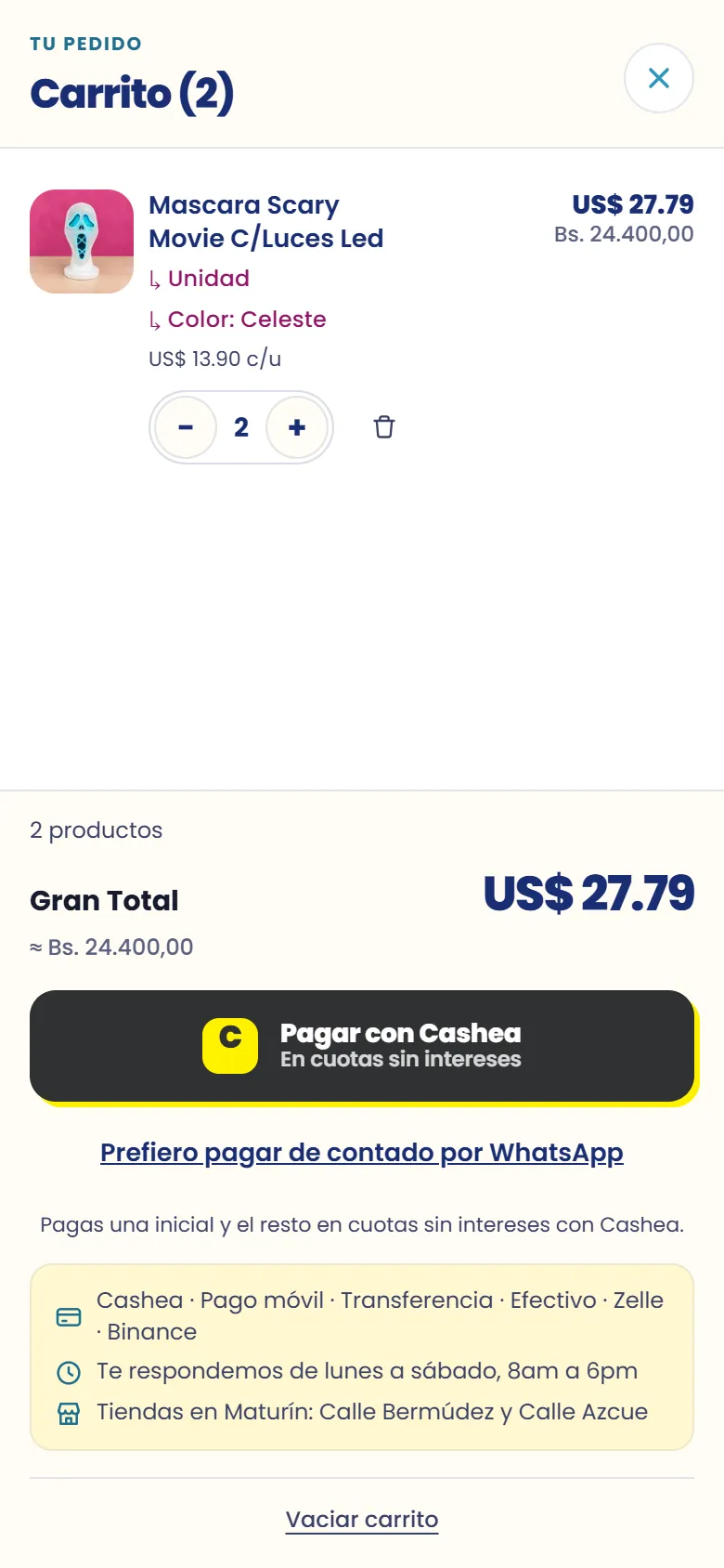 Carrito con el botón Pagar con Cashea