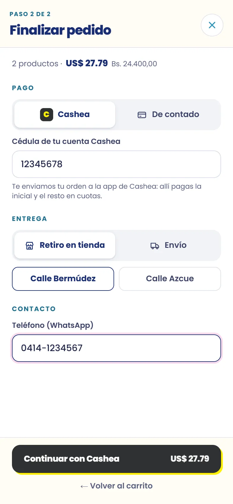 Formulario con cédula, entrega y teléfono