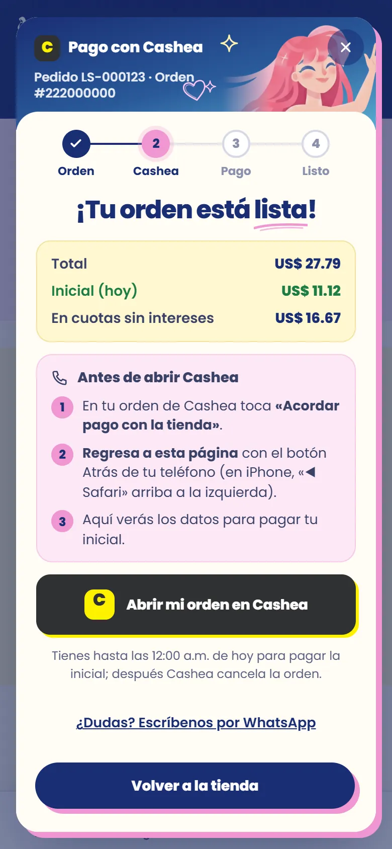 Orden lista con el plan de pagos