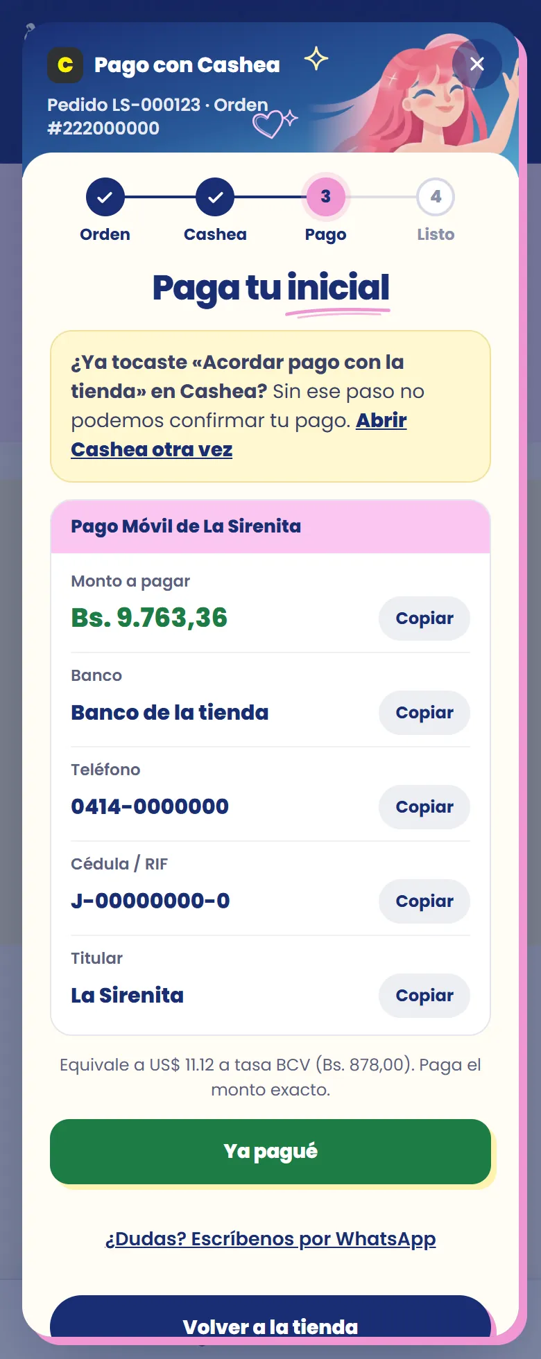 Datos de Pago Móvil para pagar la inicial