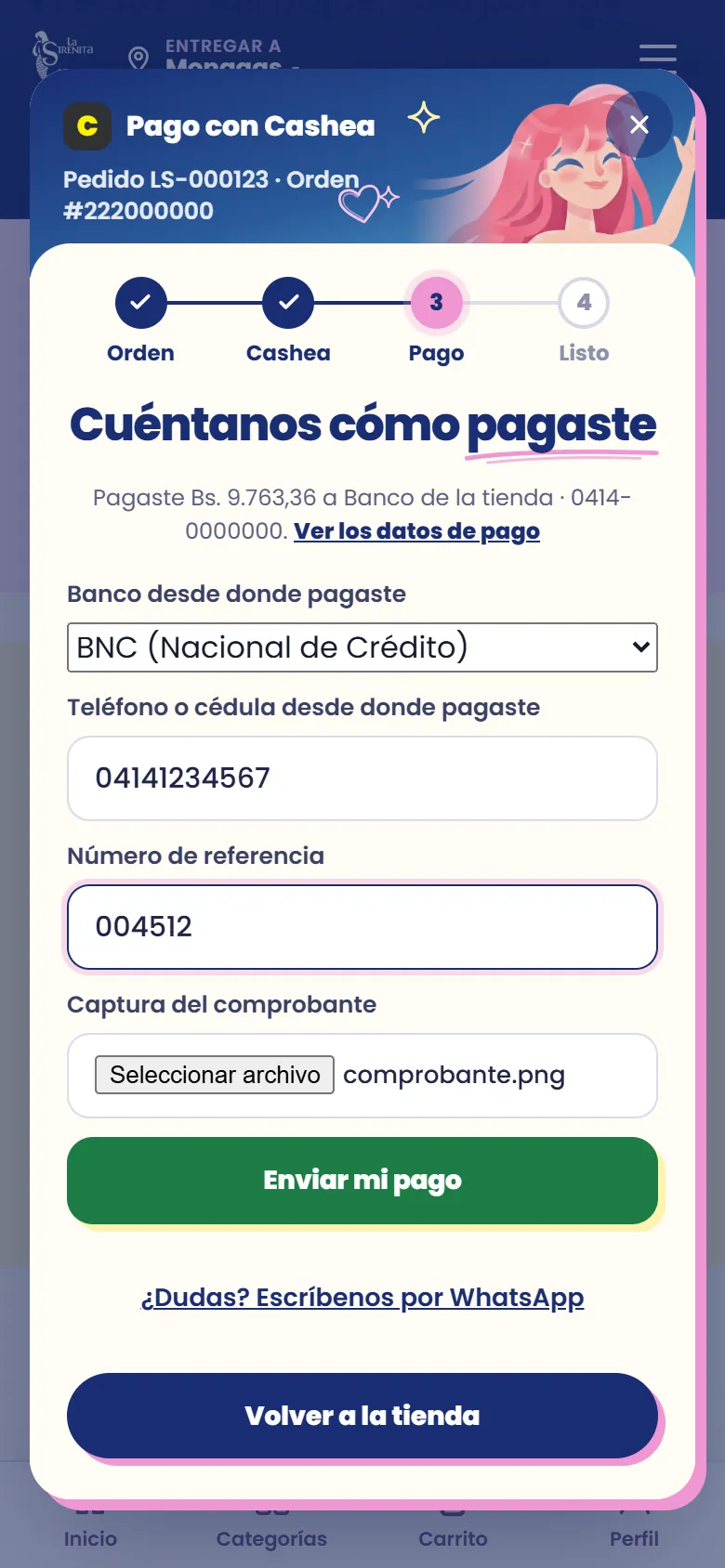 Formulario para enviar el comprobante