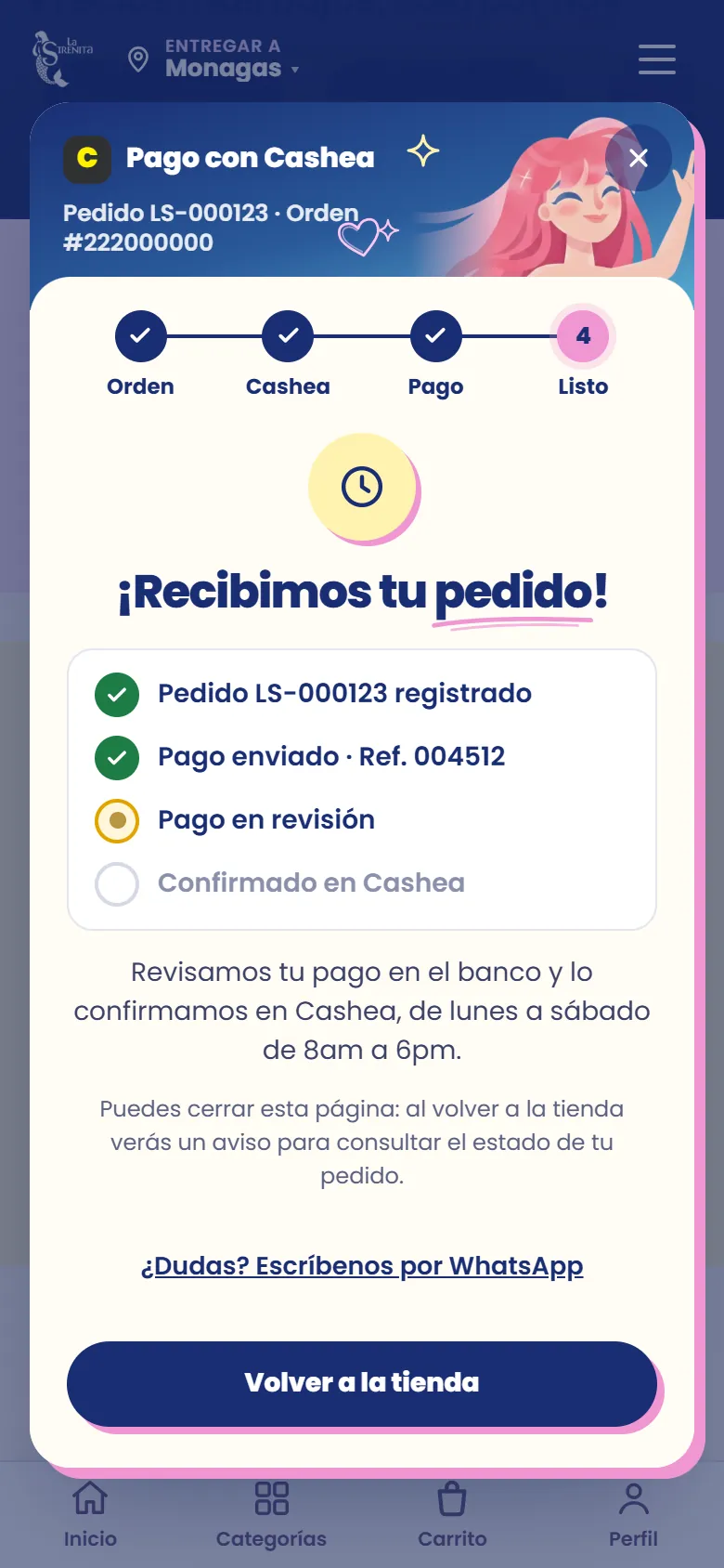 Pedido recibido, pago en revisión
